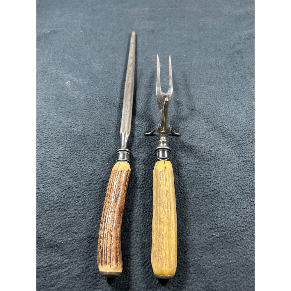 Vintage Anton Wingen 2 Piece Meat Carving Set Solingen Germany Stag Horn Handles
